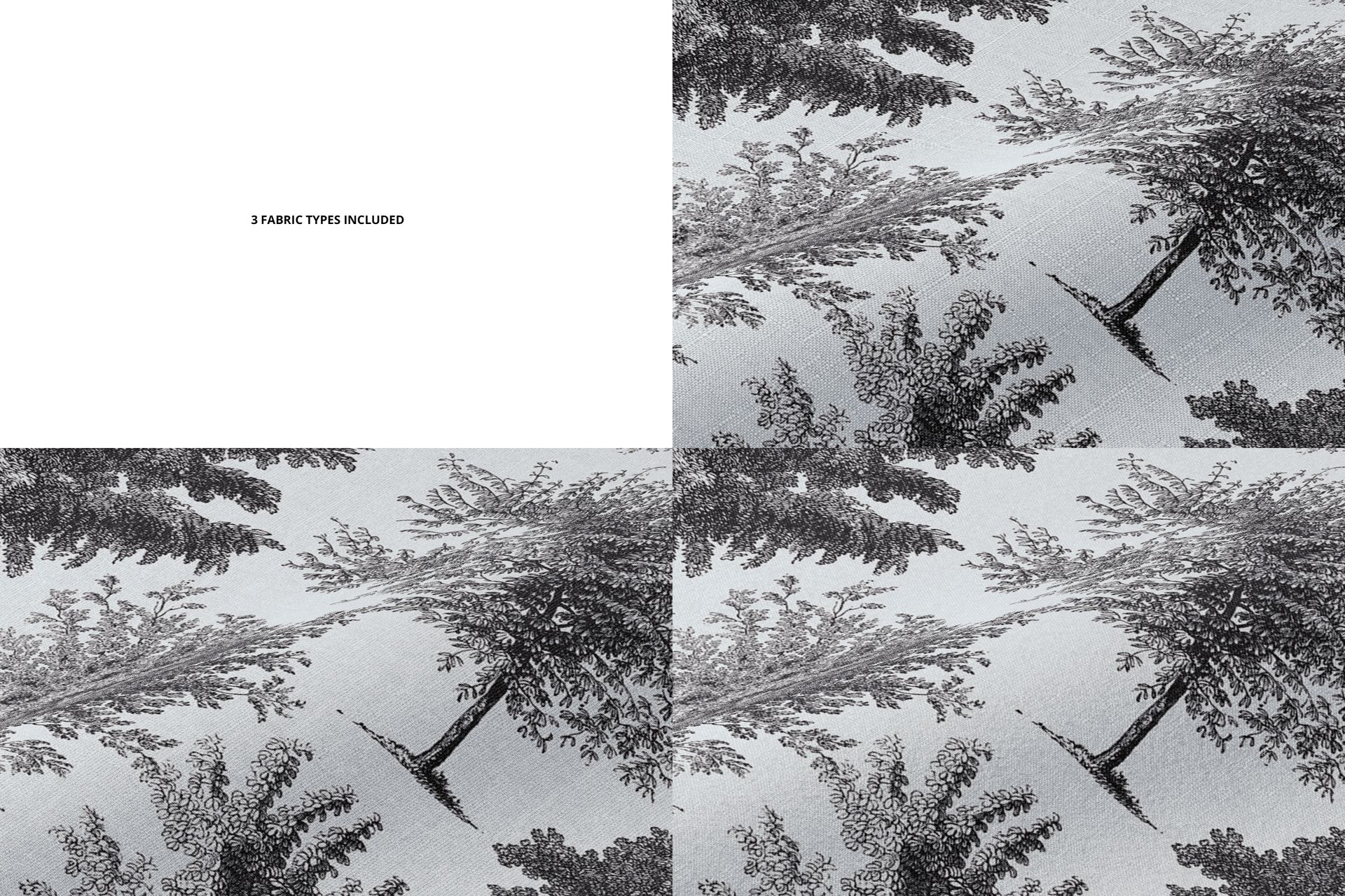 Front view of layered fabric mockup featuring a black and white nature pattern with tree branches and leaves.