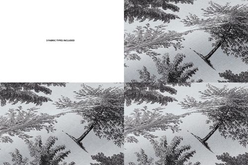 Front view of layered fabric mockup featuring a black and white nature pattern with tree branches and leaves.