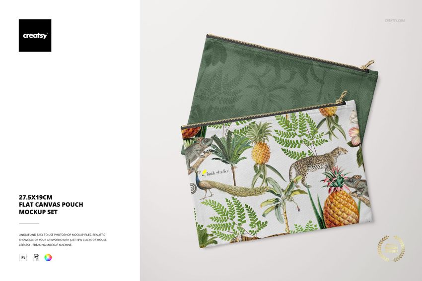Flat canvas pouch mockup set showing two rectangular pouches, one green and one with a tropical animal and plant pattern, top view.