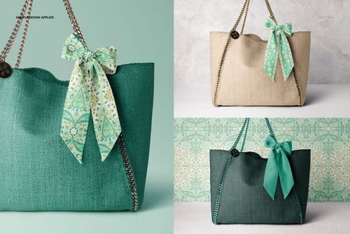 Fashion accessory mockup featuring a twilly scarf on a handbag, displayed in multiple styles and backgrounds.