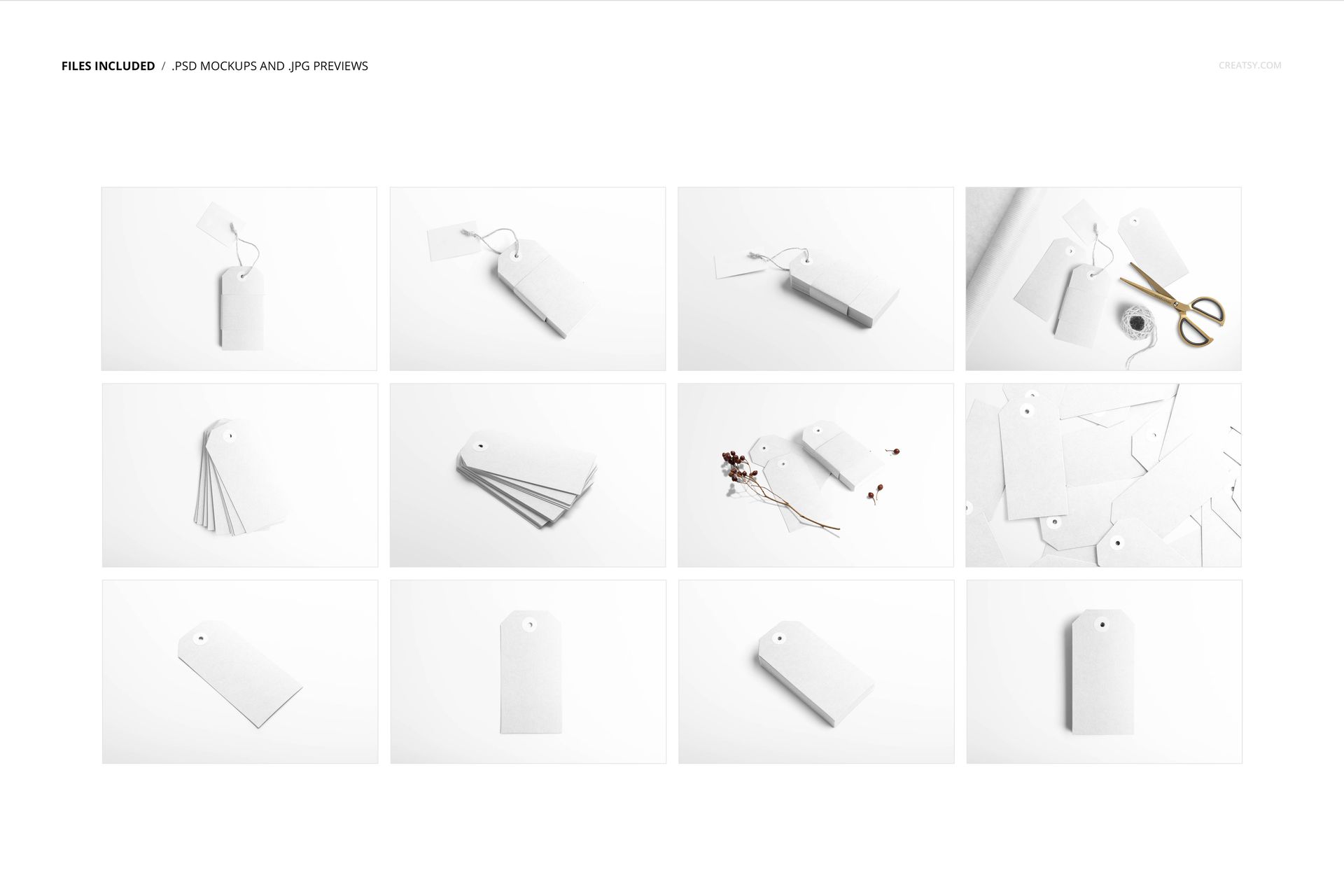 Paper labels mockup set featuring rectangular and circular tags in assorted positions, styled on a clean surface.