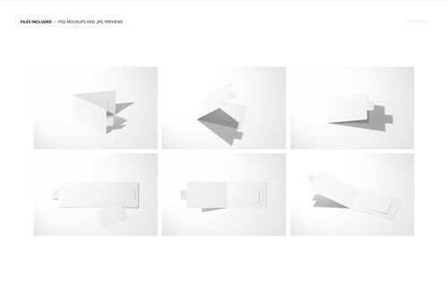 Set of six white gift card holder mockups displayed on a light background, showing various open and closed positions.