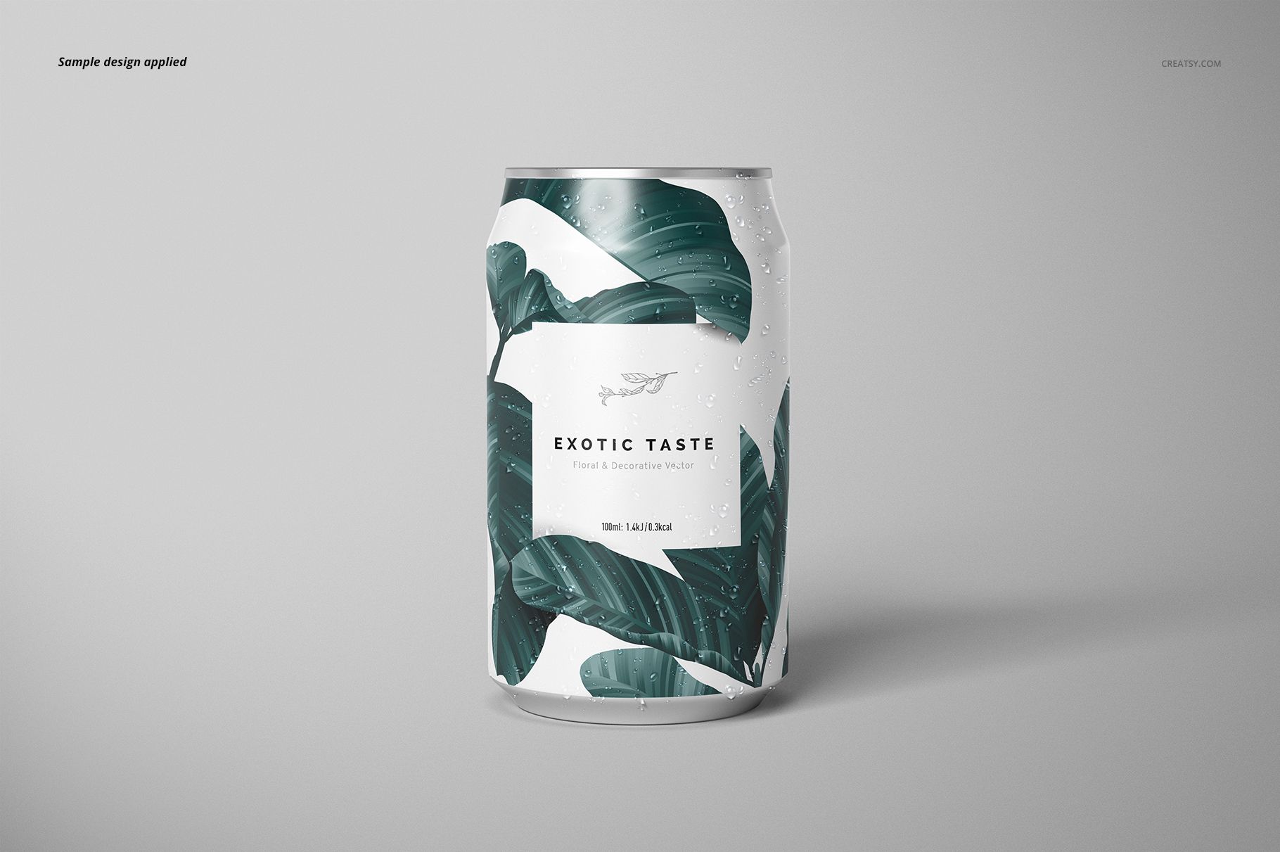 Close-up of a mockup drink can displaying a white and green leaf design, with subtle water drops on the surface.
