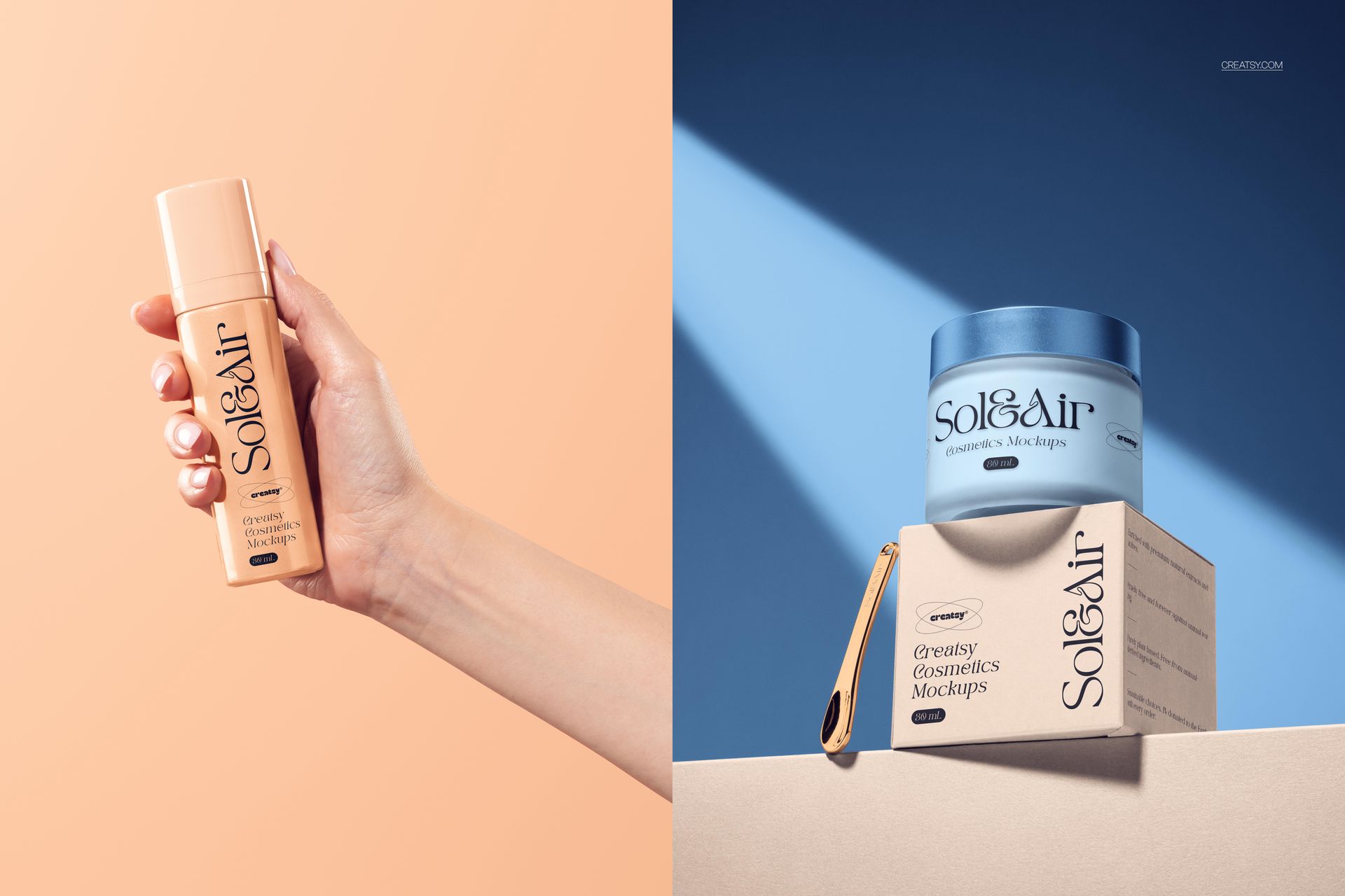 Cosmetic packaging mockup featuring a pump bottle, cream jar, and boxes in pastel tones, front and angled views.