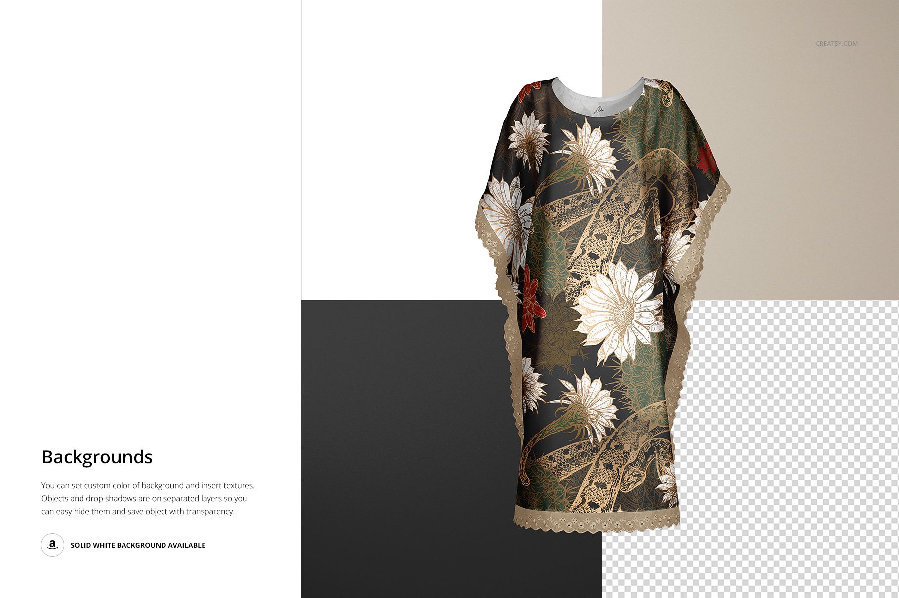 Front view of an adult kaftan with a floral and lace pattern, displayed on a neutral divided background mockup.