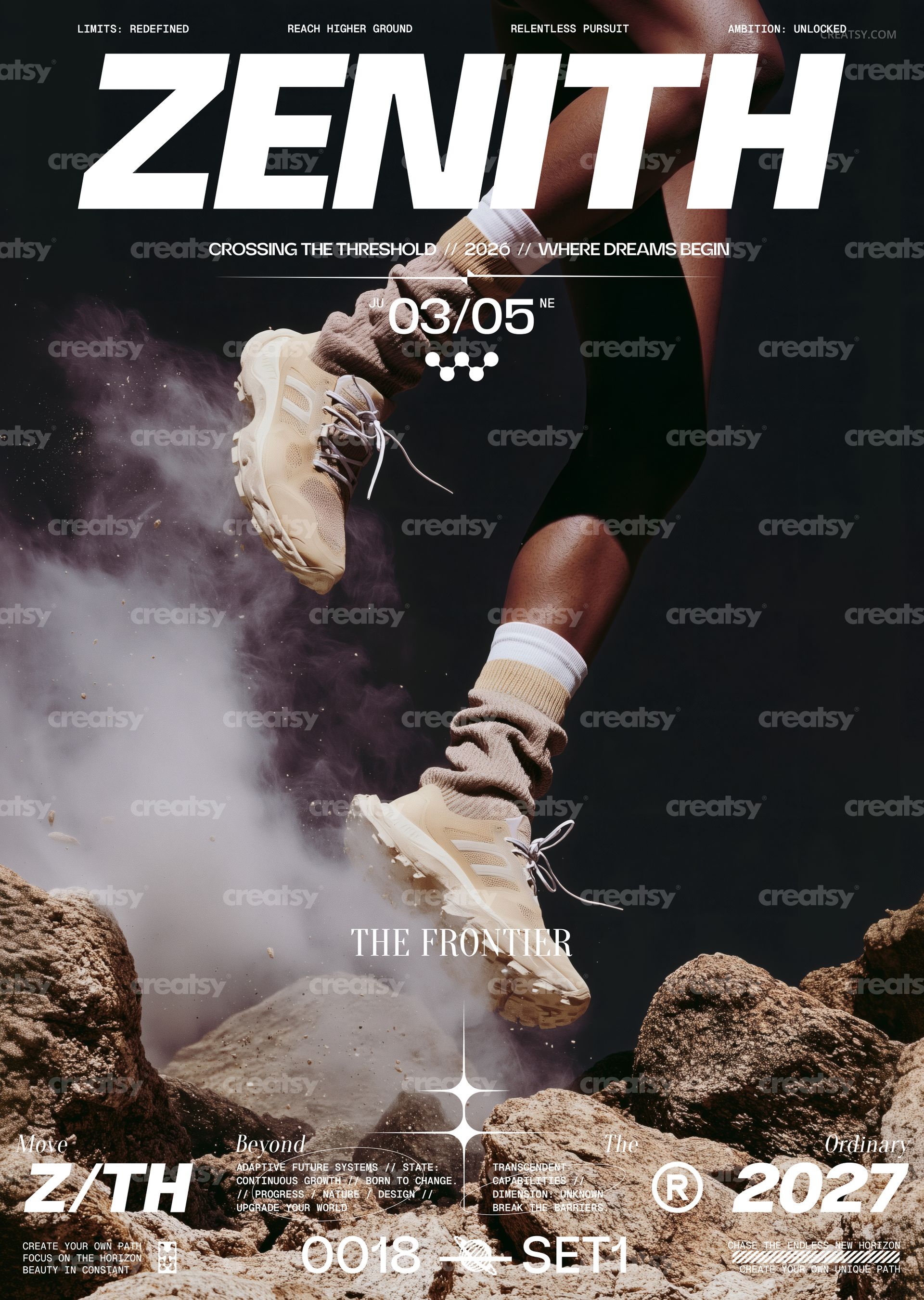 Poster mockup featuring a dynamic front view of a runner's legs in beige sneakers jumping over rocky terrain with dust clouds.