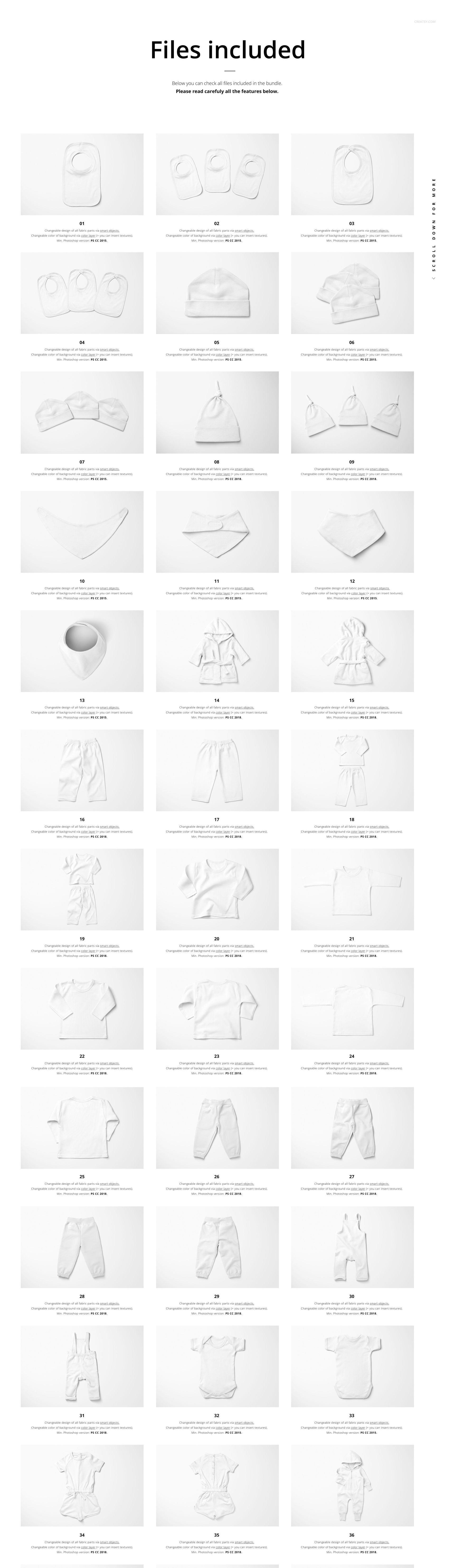 Collection of kids essentials mockup images showing various clothing, accessories, and toys in grayscale front views.