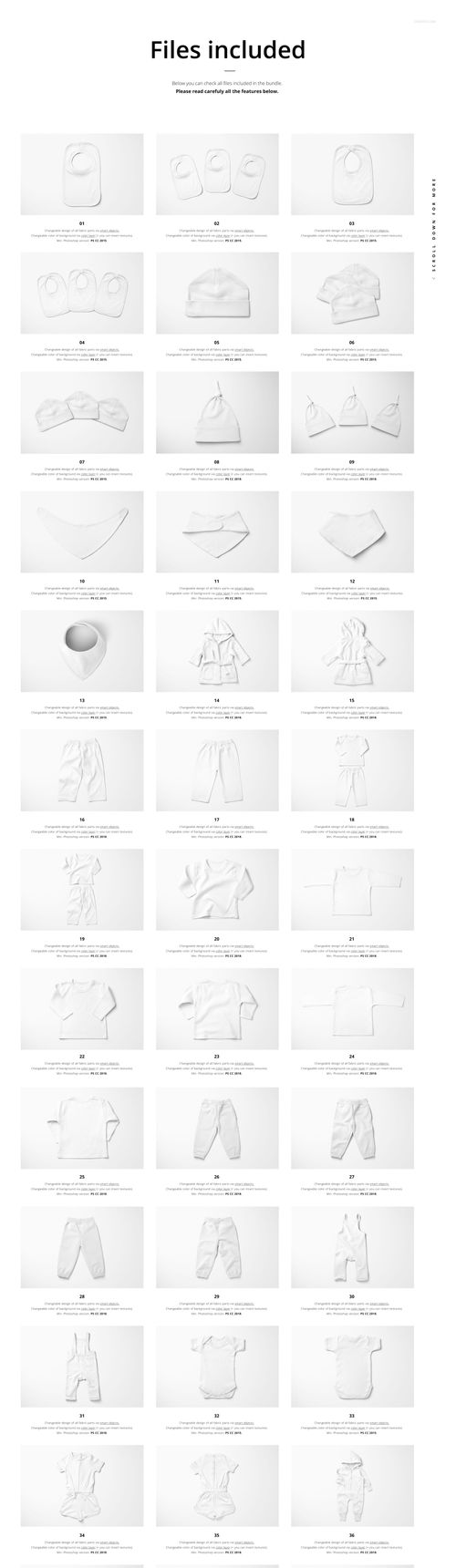 Collection of kids essentials mockup images showing various clothing, accessories, and toys in grayscale front views.