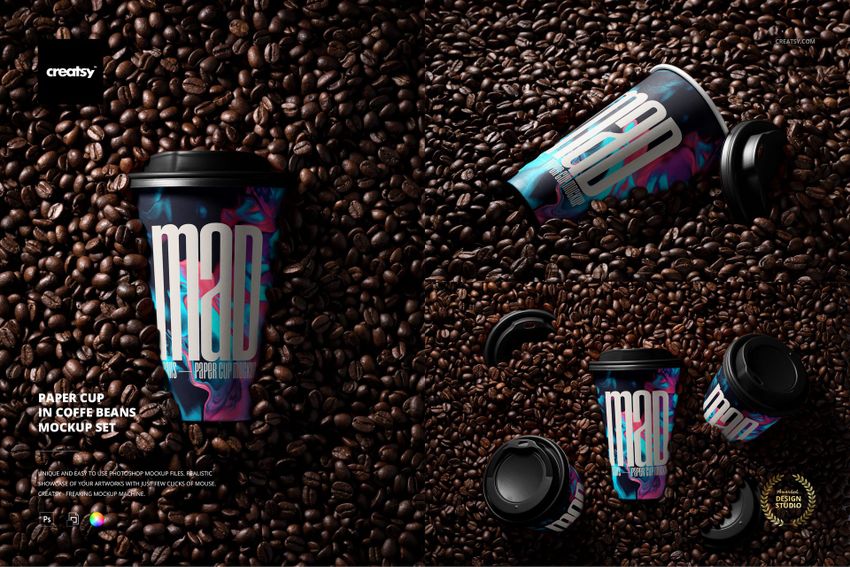 PSD mockup featuring a paper cup with vibrant pattern and black lid placed on a surface covered in coffee beans.