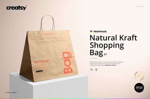 Natural kraft paper shopping bag mockup shown upright with visible handles and printed text, set against a light background.