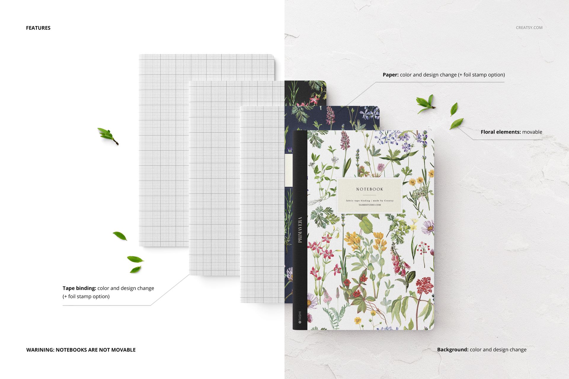 Set of four notebooks displayed on a light surface, featuring grid and floral cover designs with green leaves.