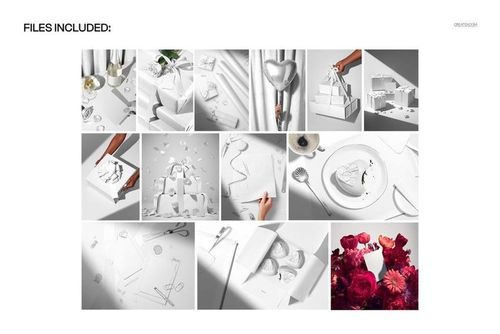 Valentine's Day packaging and wrapping mockup set featuring various white boxes, cards, and props in bright lighting.