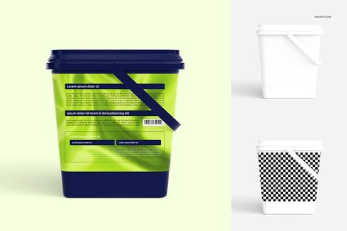 Front view of a square paint bucket mockup with a dark blue lid and handle, green patterned label, and blank variants.