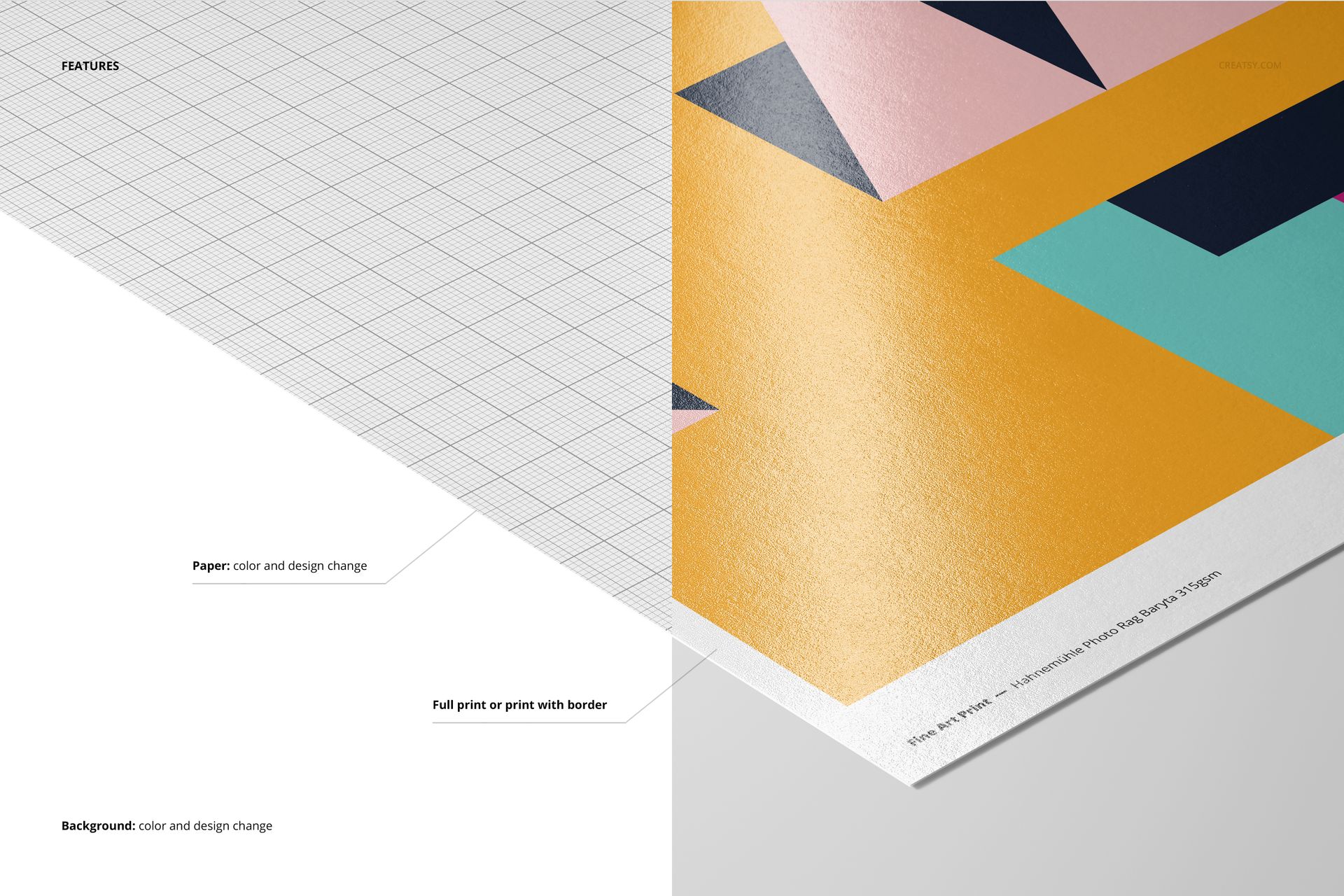 Top view of an art print mockup showing a geometric design with yellow, pink, and navy shapes on textured paper.