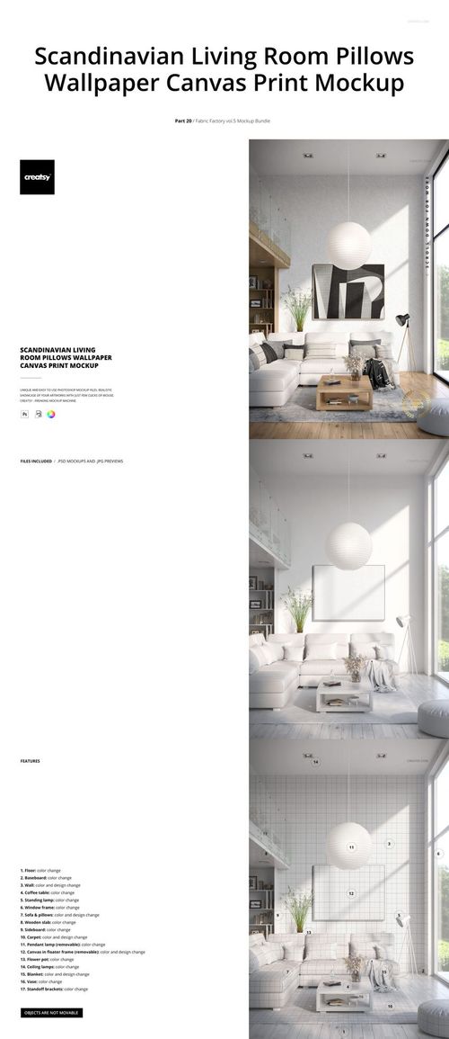 Scandinavian living room scene with pillows, canvas print, and wallpaper in neutral tones, shown in a PSD mockup bundle.
