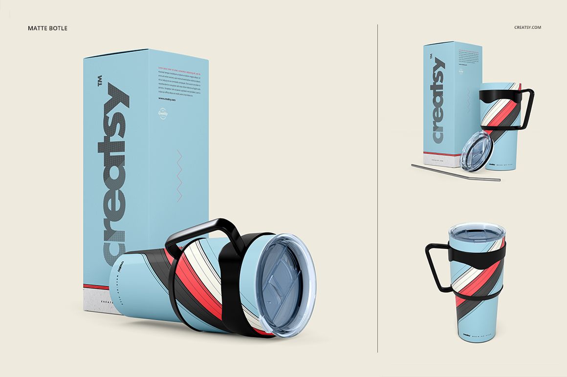 Stainless steel tumbler mockup featuring a matte finish, blue and multicolor design, and transparent lid, displayed with packaging.