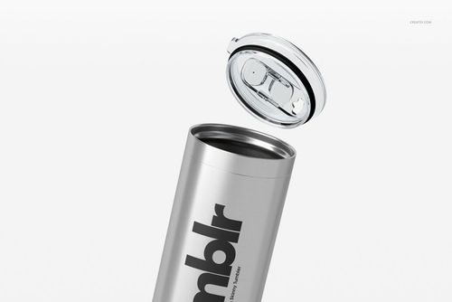 22oz stainless steel tumbler mockup with removable transparent lid, close-up perspective against a plain backdrop.
