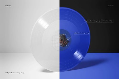 Standing vinyl record mockup showing a split design with half transparent white and half vivid blue, front view on two-tone background.