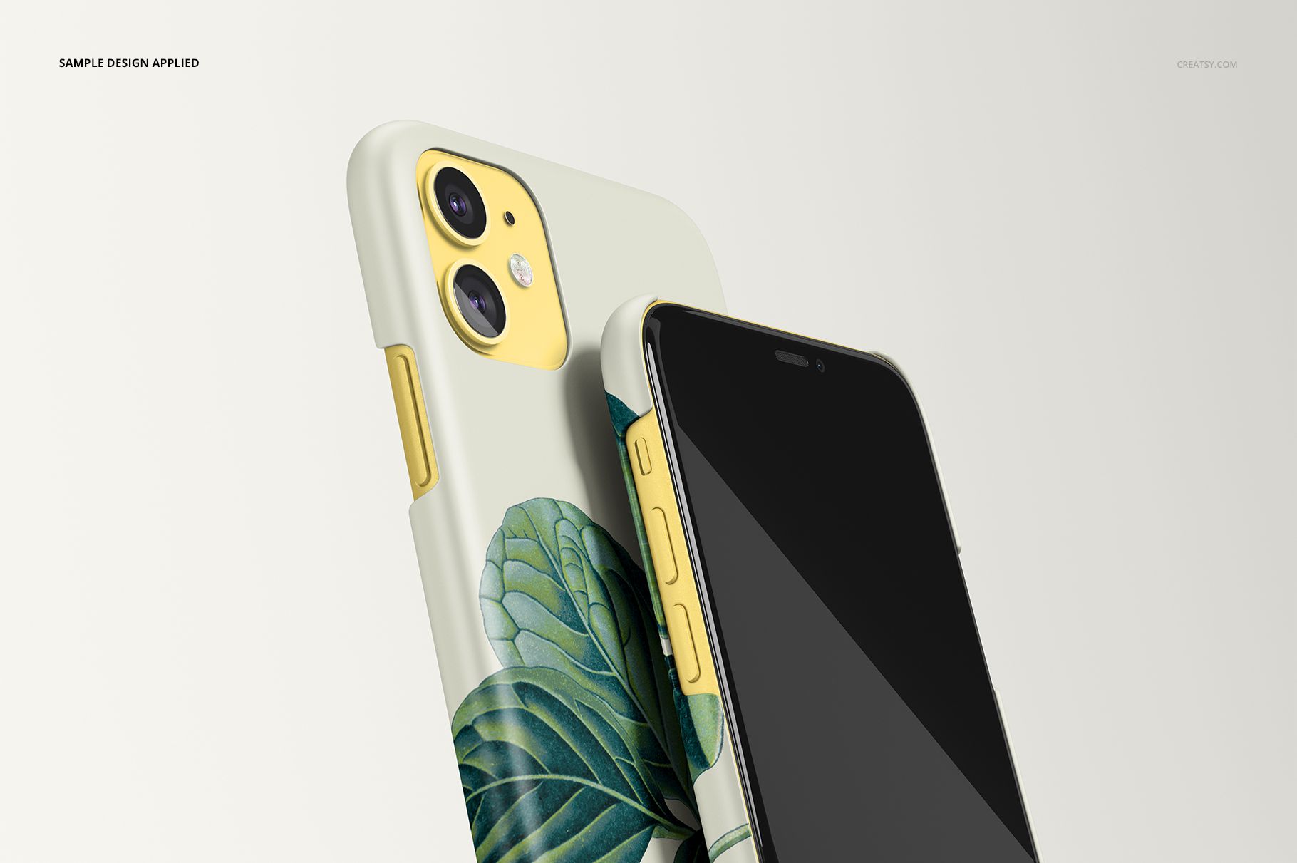 Matte snap case mockup for iPhone 11 featuring a botanical leaf design, displayed in a minimal studio setting.