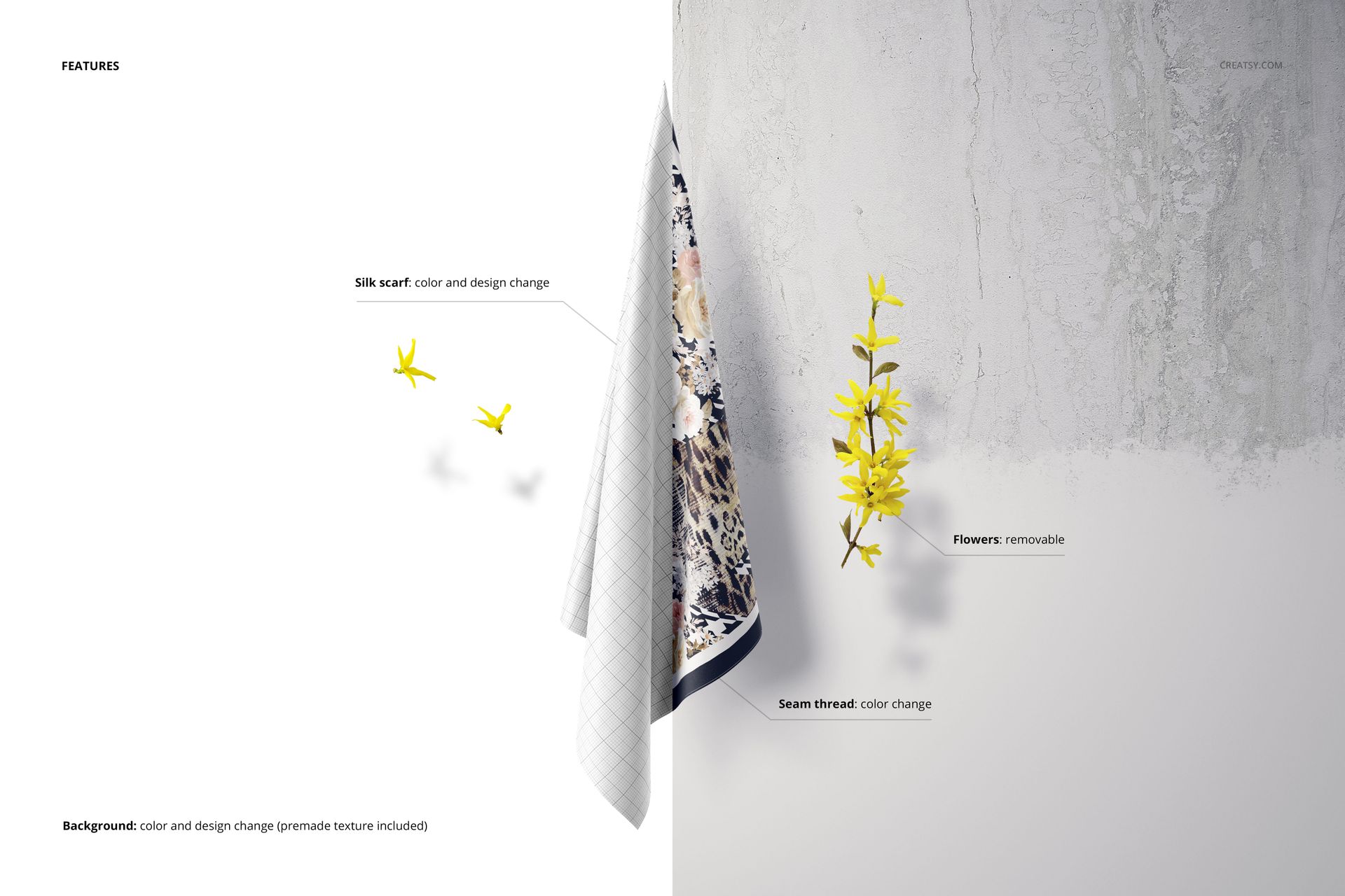 Square silk scarf mockup hanging against a textured wall, featuring a floral pattern and removable yellow flowers.