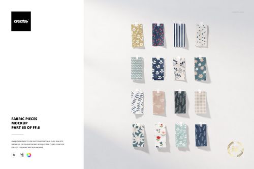 Fabric pieces mockup set showing rectangular swatches with floral, geometric, and striped designs in neat layout.