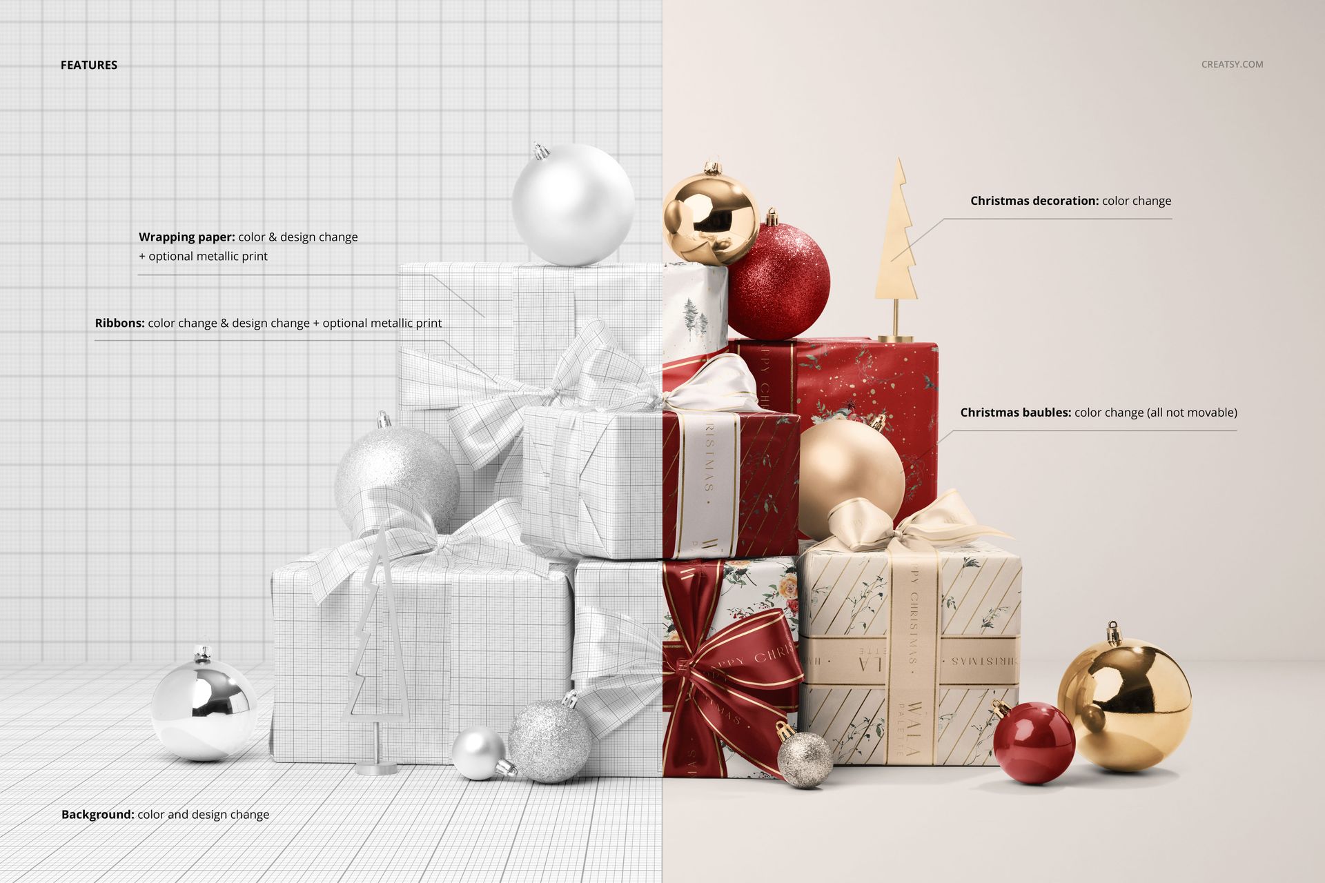 PSD mockup featuring a festive arrangement of wrapped presents, assorted baubles, and small golden Christmas trees on a neutral background.
