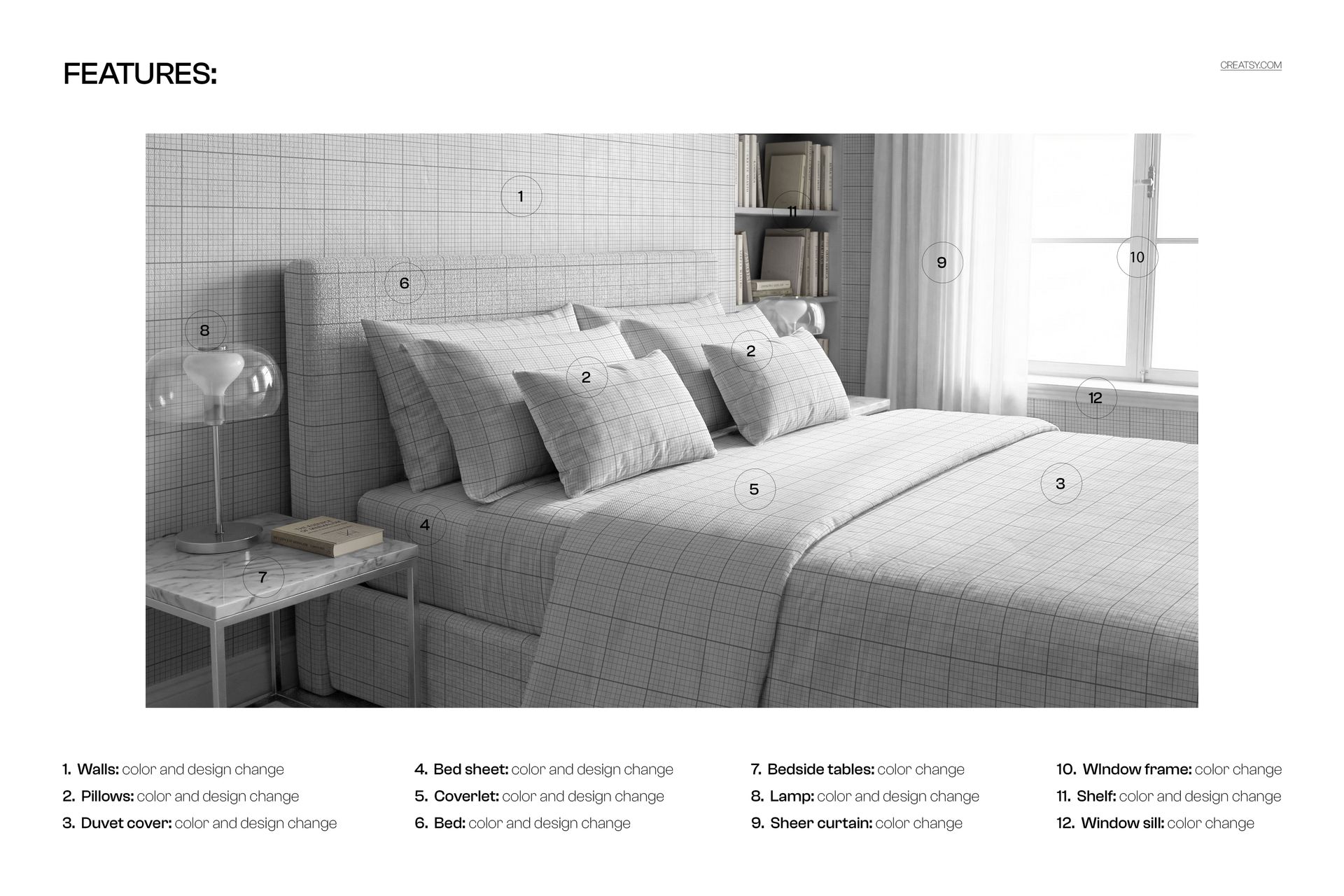 Minimalist bedroom bedding mockup featuring a neatly made bed with gray grid-patterned sheets and pillows, front view.