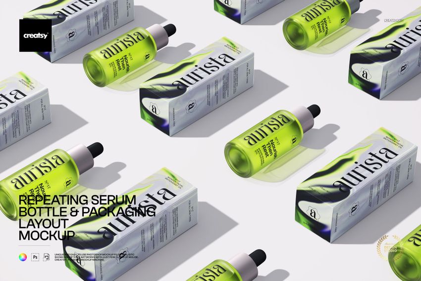 Repeating arrangement of green serum bottles with black droppers and matching rectangular boxes on a light surface.