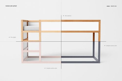 Kids bed mockup with pine wood frame, white panels, and customizable colored sections, shown in side view.