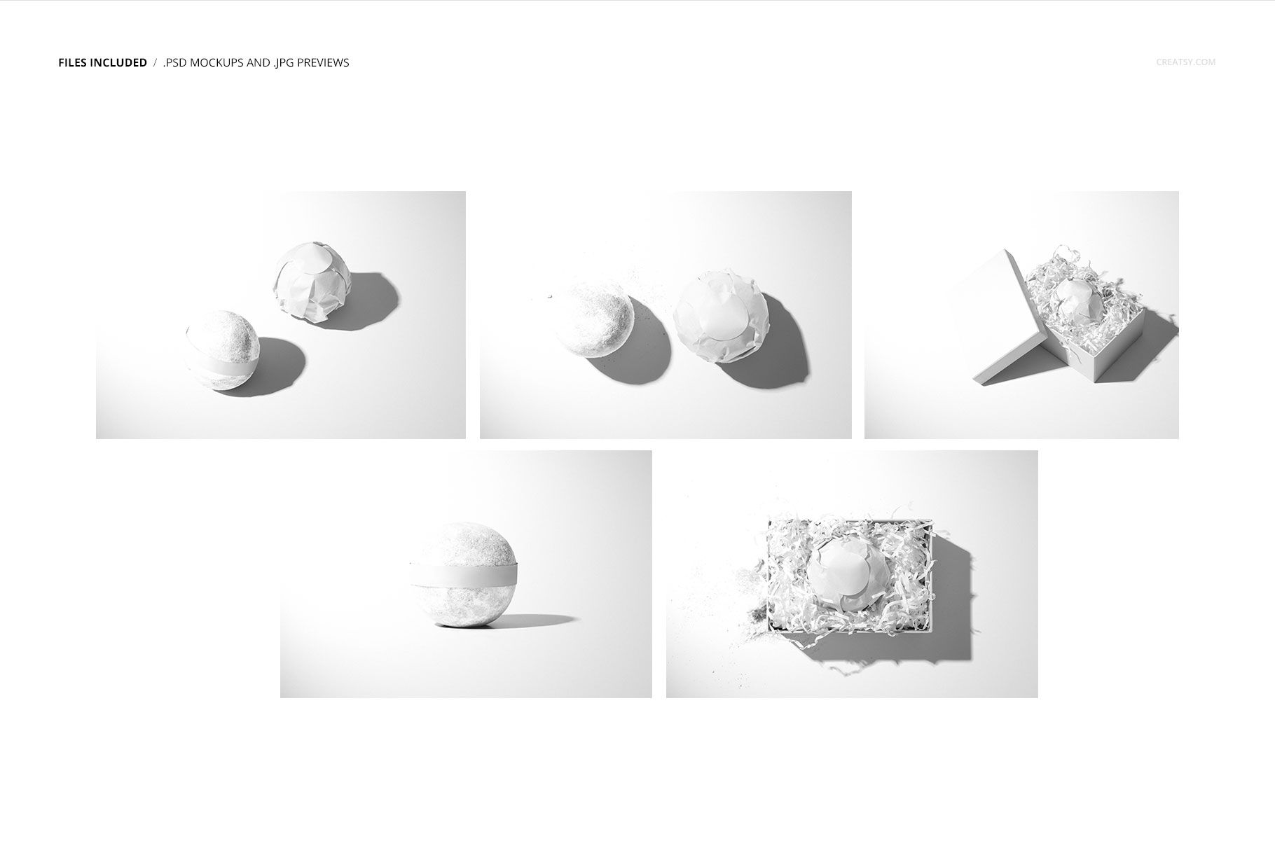 Five mockup scenes featuring spherical bath bombs displayed in different positions and packaging on a clean white surface.