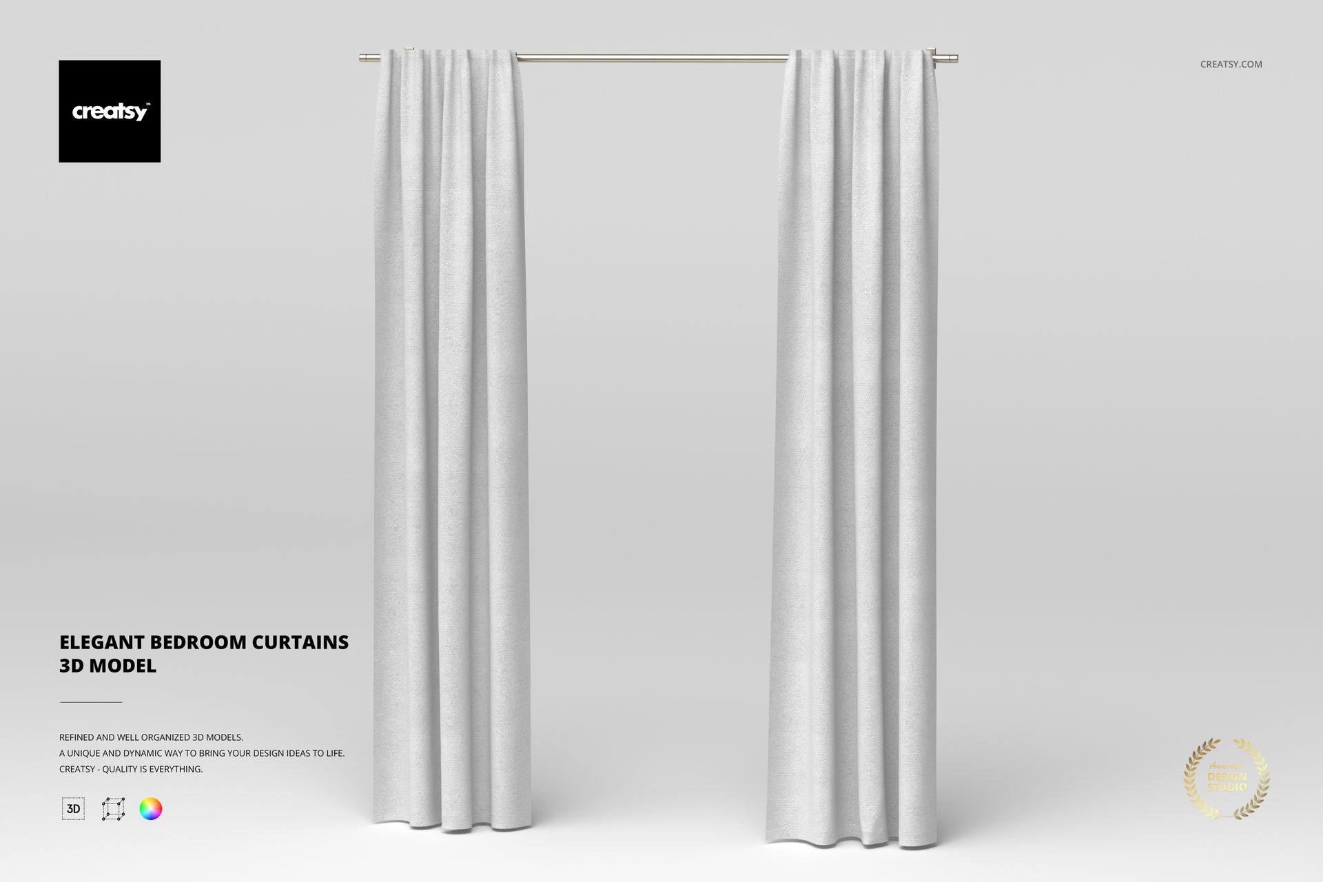 Front view of a pair of long, elegant bedroom curtains in light gray fabric hanging from a simple rod against a plain background.