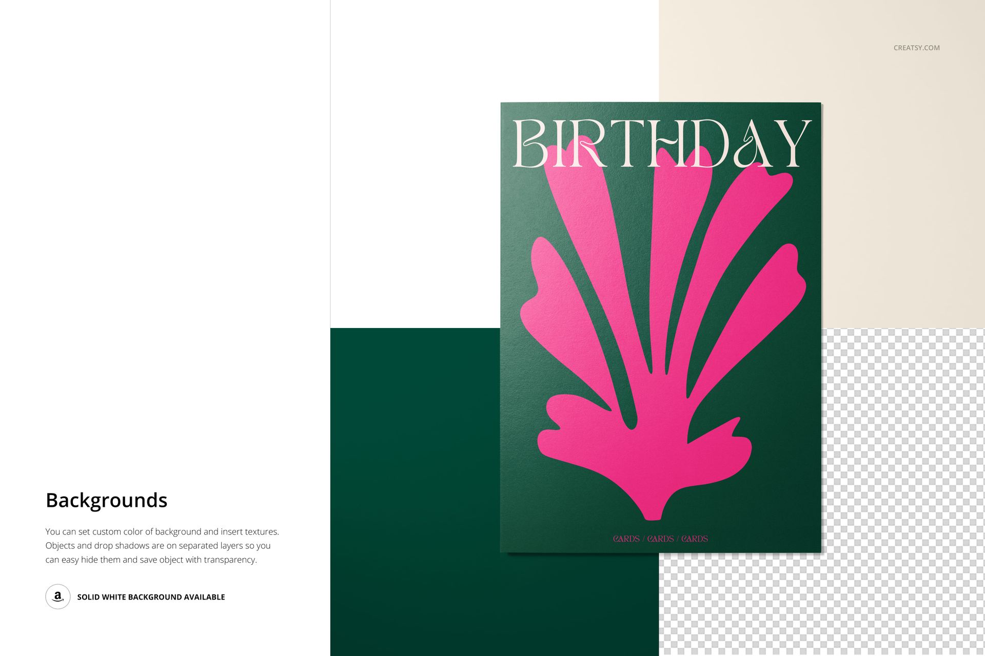 Front view of a 5x7 greeting card mockup with a bold pink abstract design and 'Birthday' text on a green background.