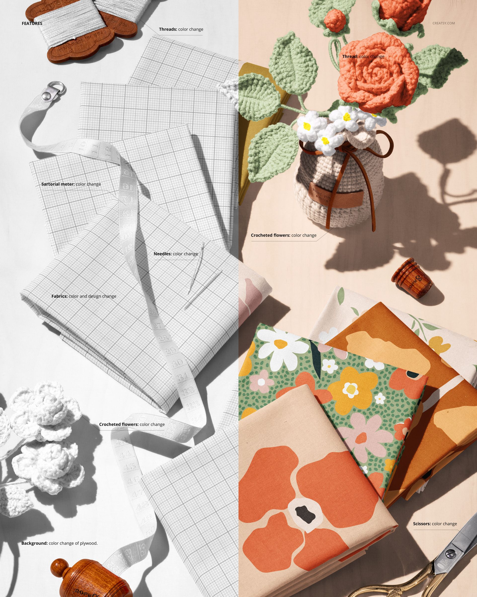 PSD mockup showing folded patterned cotton fabrics, crocheted flowers in vases, and sewing tools from a top perspective.