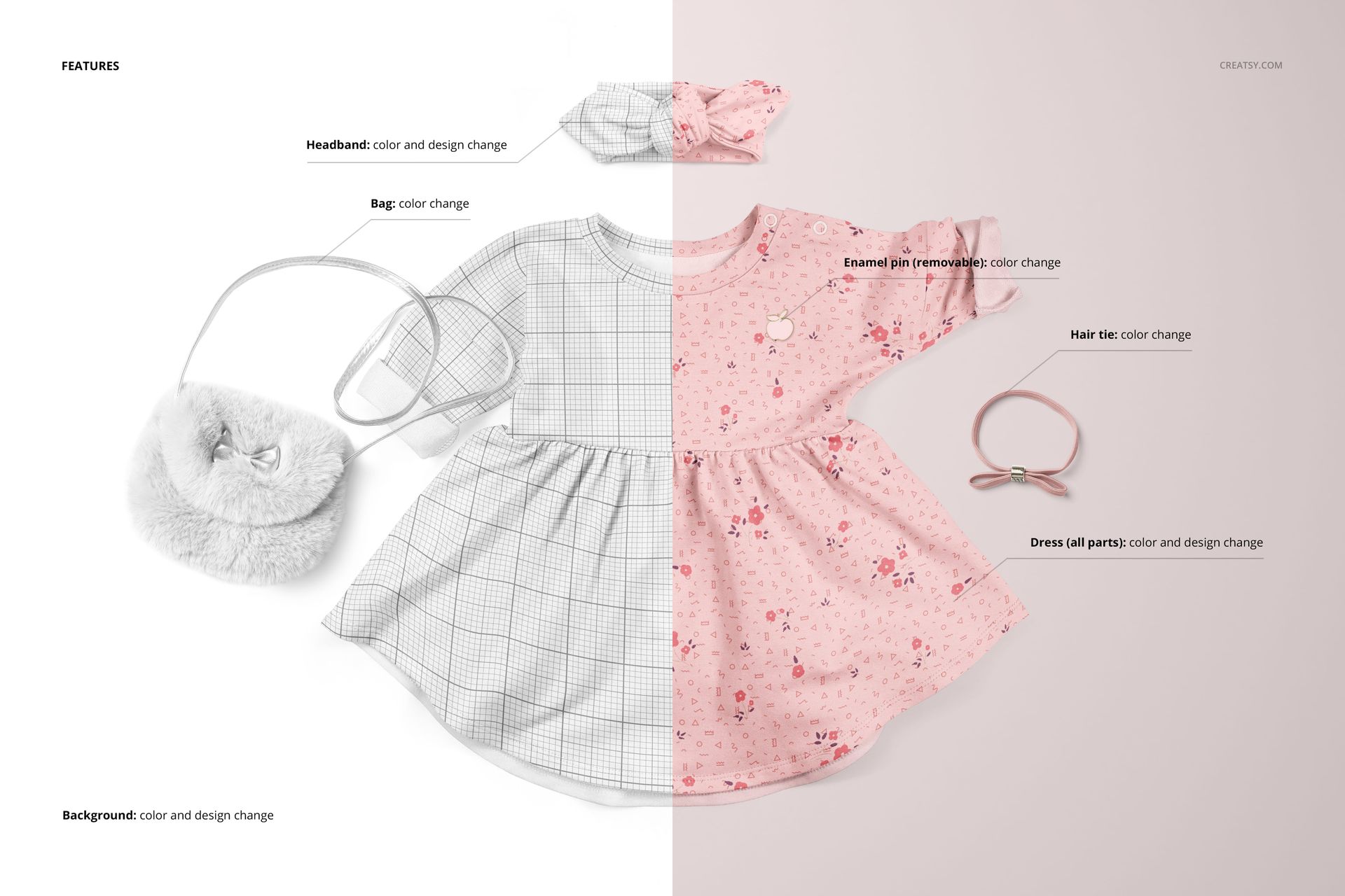 Baby jersey dress and headband mockup set showing a long-sleeve dress, headband, bag, and hair tie in a split color scene.