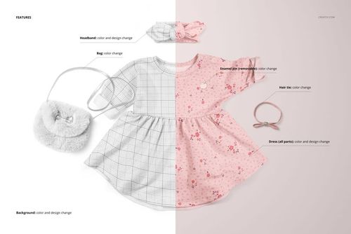 Baby jersey dress and headband mockup set showing a long-sleeve dress, headband, bag, and hair tie in a split color scene.