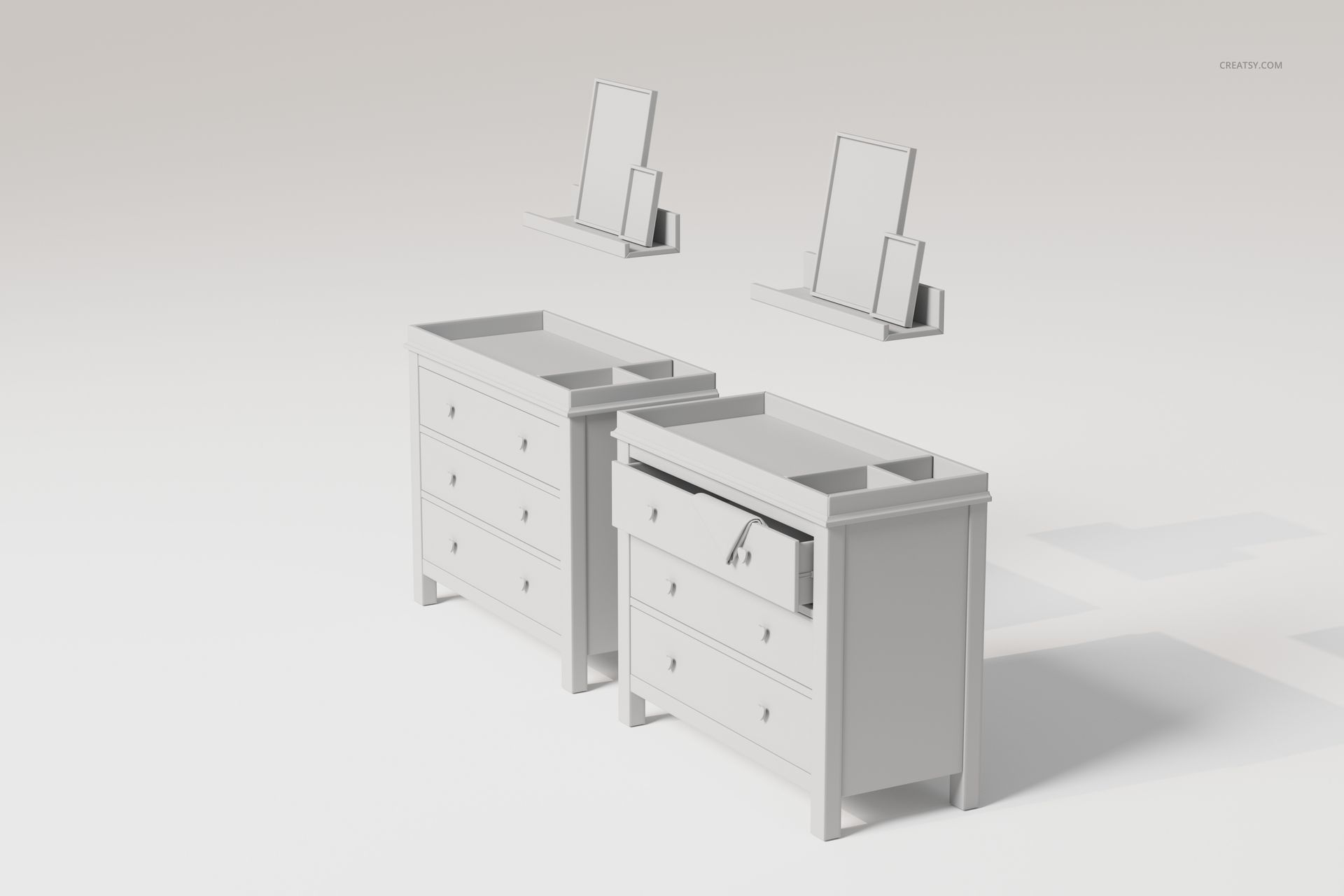 Front view of two white nursery dressers with three drawers each, shown with matching wall shelves and mirrors.