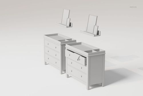 Front view of two white nursery dressers with three drawers each, shown with matching wall shelves and mirrors.