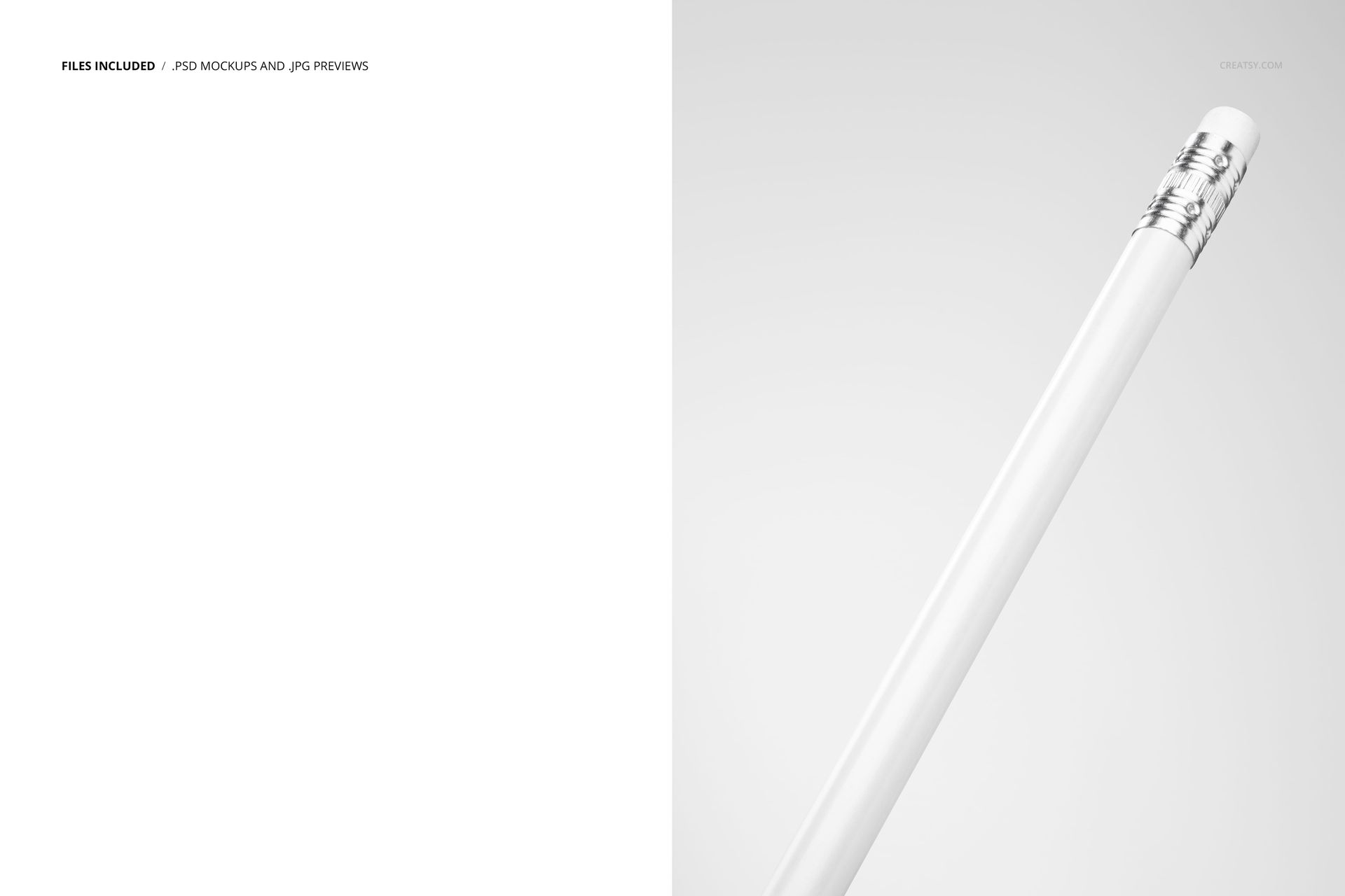 Round shape pencil mockup featuring a white pencil with metallic details, shown in a minimal close-up perspective.