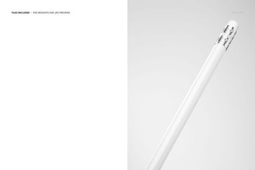 Round shape pencil mockup featuring a white pencil with metallic details, shown in a minimal close-up perspective.