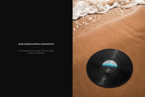 PSD mockup showing a round black vinyl record on a sunlit beach, viewed from above with water approaching.