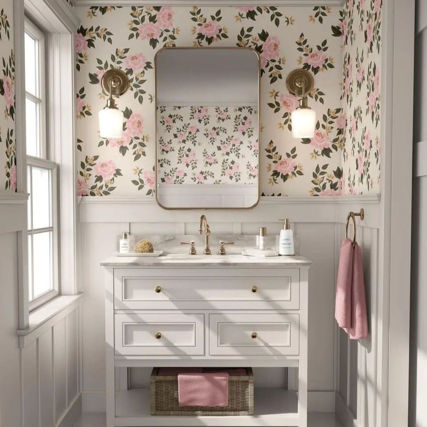 Bathroom mockup showing a white vanity with gold hardware, floral wallpaper, a rectangular mirror, and two wall sconces.