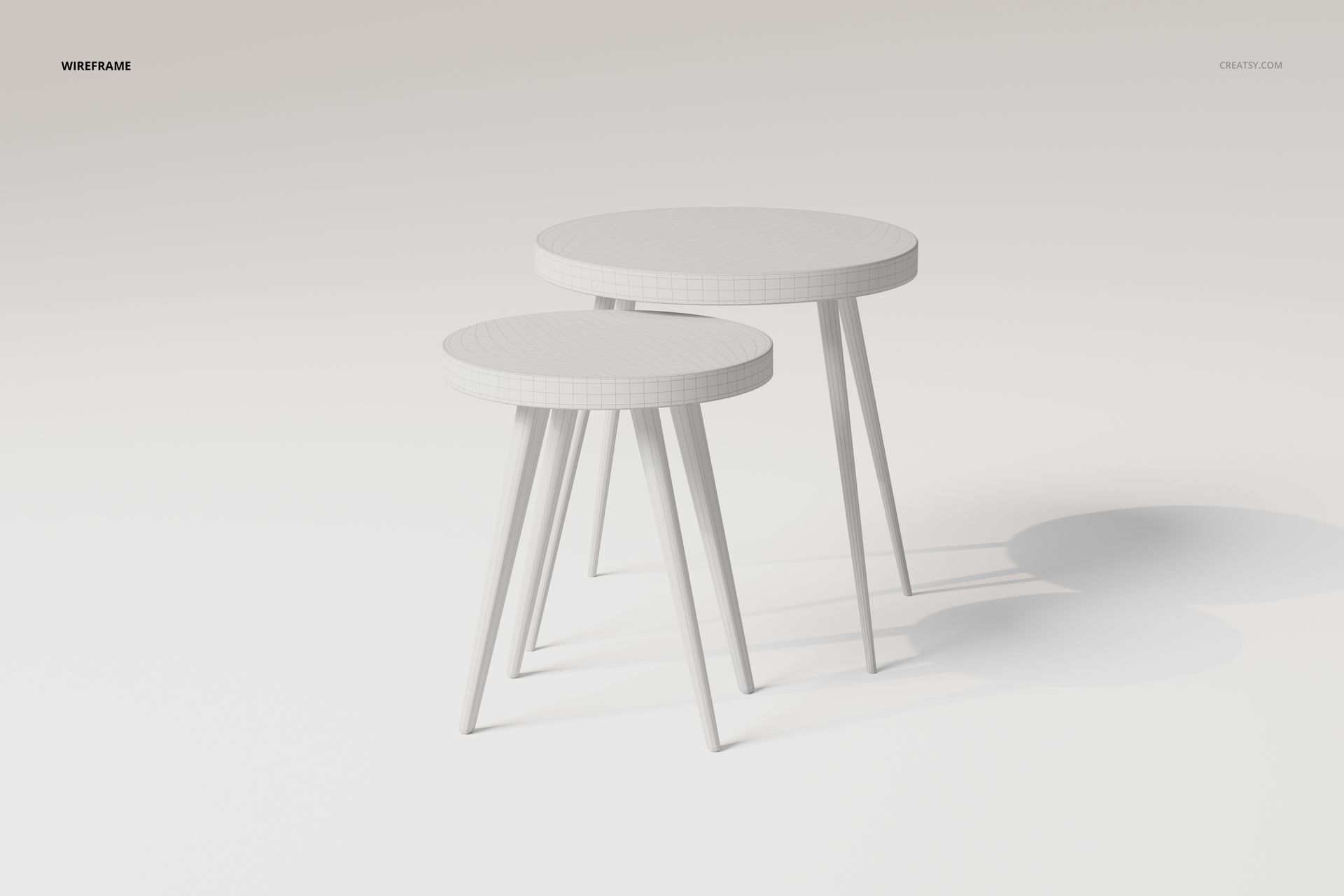 Two round nesting tables with wireframe texture, shown from a front angle on a plain light background.