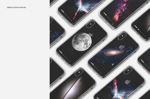 PSD mockup set of clear cases on iPhone X, each with different cosmic patterns, laid out in a repeating diagonal pattern.