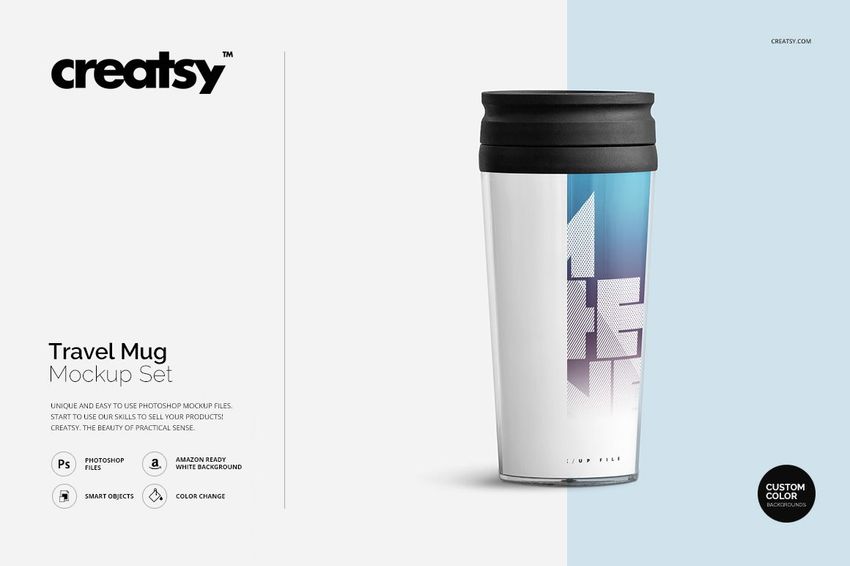 Travel mug PSD mockup with a black lid, displaying a gradient blue and white pattern, positioned upright on a plain surface.