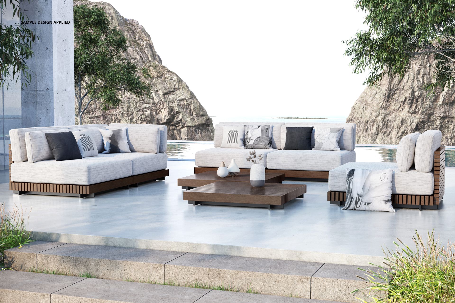 Contemporary patio seating mockup featuring sectional sofas with neutral cushions and decorative pillows near a scenic lake.