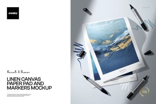 Linen Canvas Paper Pad and Markers Mockup - mockup preview 1