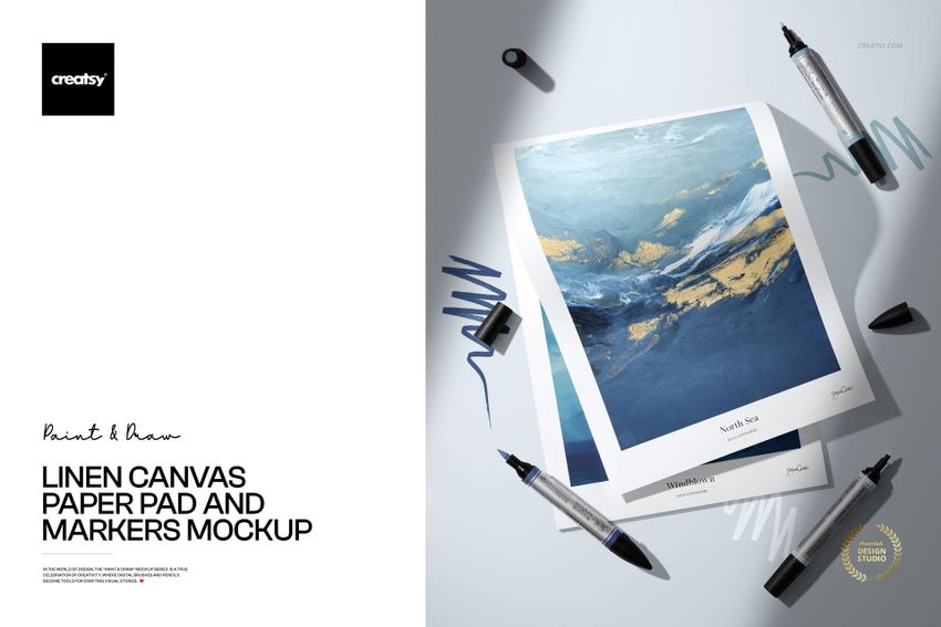 Linen Canvas Paper Pad and Markers Mockup - mockup screenshot 1