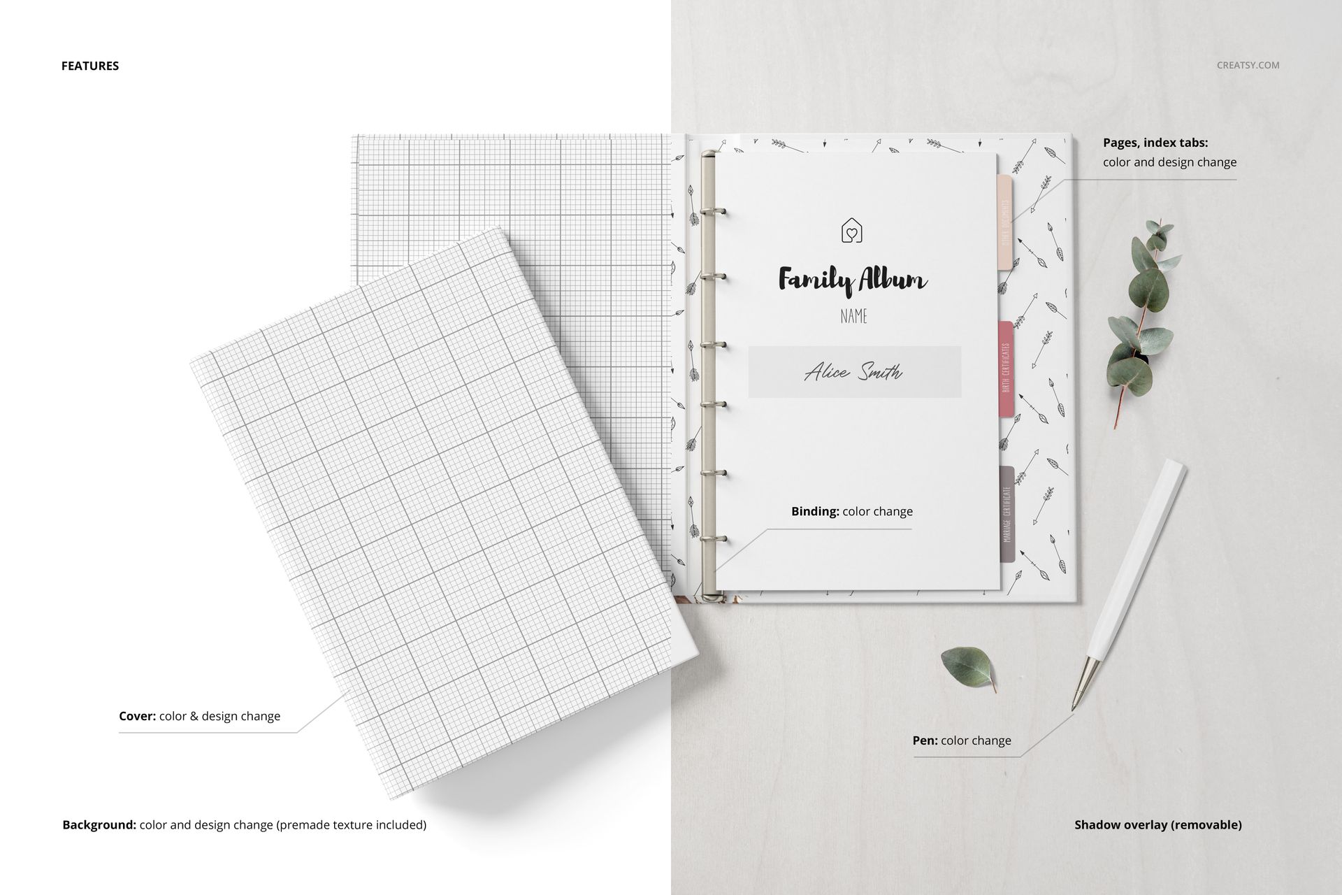 Open family book mockup set with grid cover and customizable pages, shown from above on a white surface with a pen and leaves.