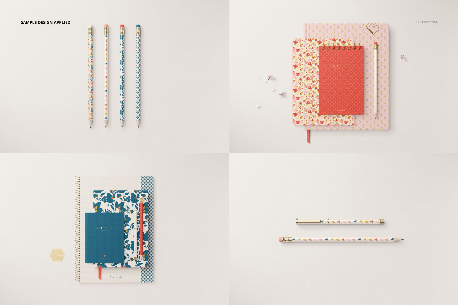 Stationery set mockup featuring assorted notebooks and pencils with floral and geometric patterns on a light background.
