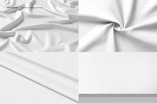 Polyester drapery fabric mockup set showing four views, including folded, twisted, flat, and ruler for scale.